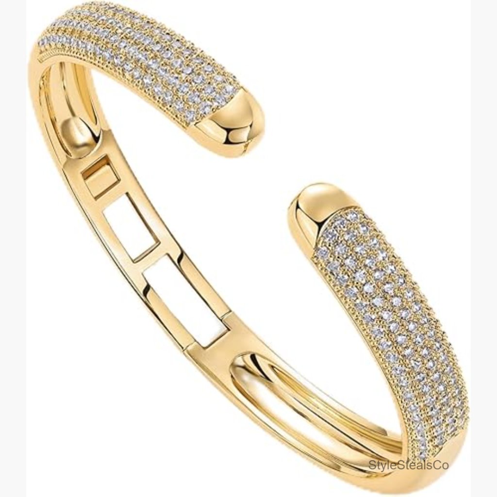 7.5 Inch Gold Plated Cuff Bangle Bracelet With Cz Stones Hinged Design